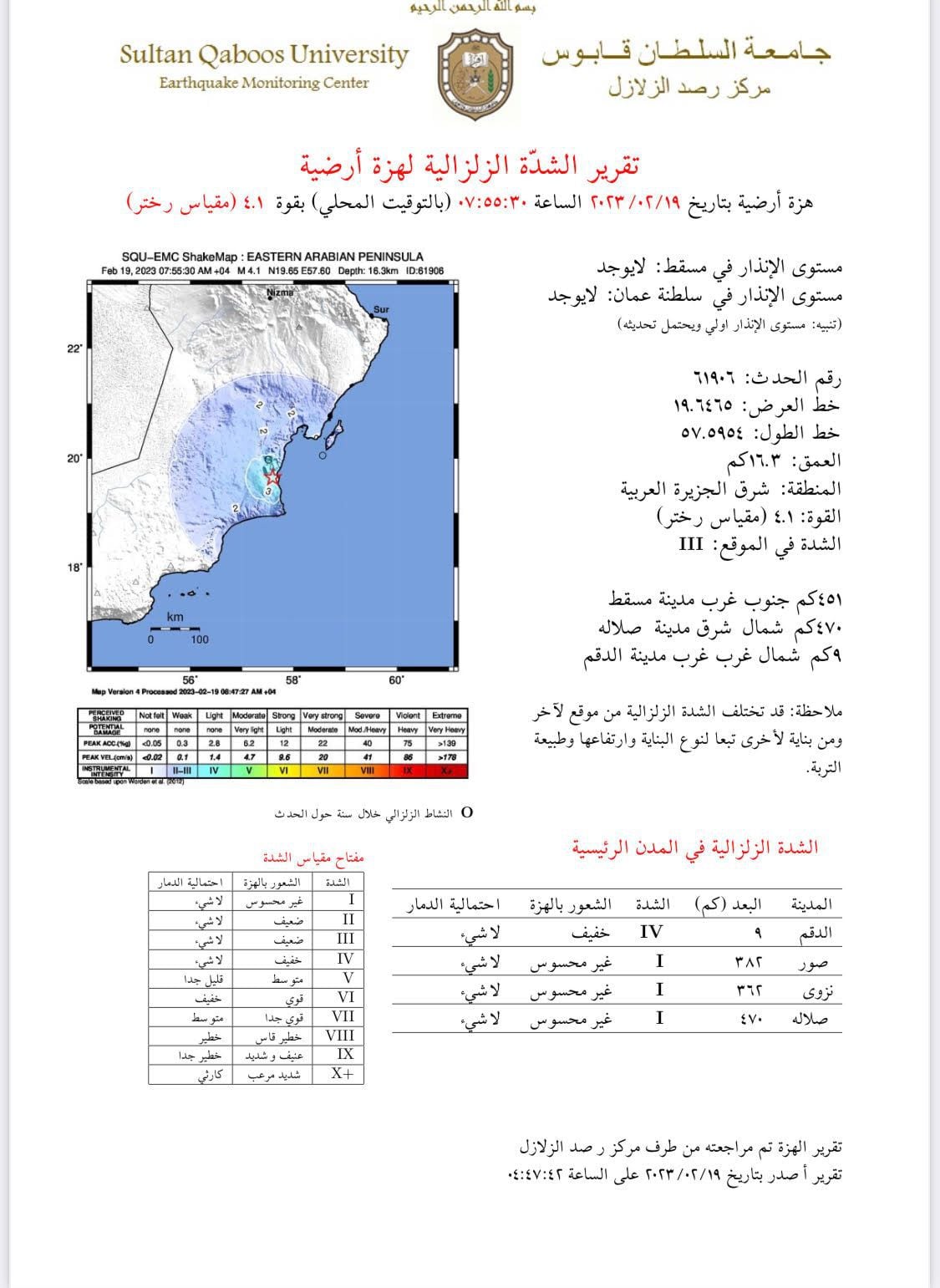 “رصد الزلازل” ينشر معلومات عن الهزة الأرضية في الدقم