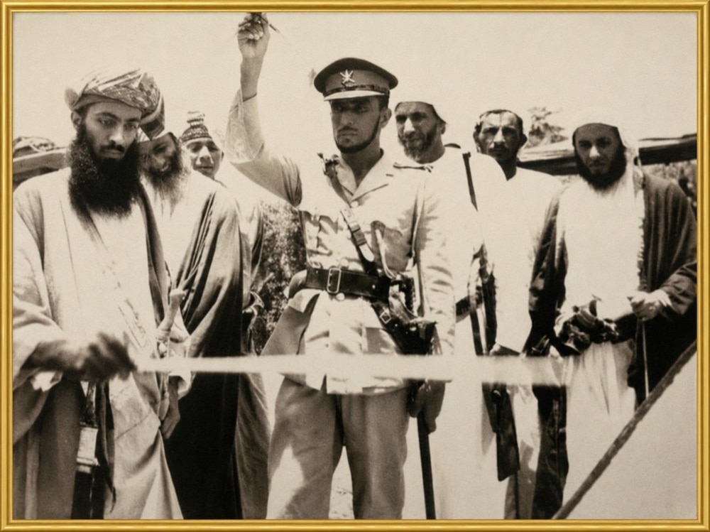جانب من أول زيارة للسلطان قابوس إلى صحار في أغسطس عام 1970م، ويبدو الشيخ حارث بن منصور كأحد المستقبلين والمرافقين أثناء الزيارة. أرشيف الشيخ منصور بن حارث العامري