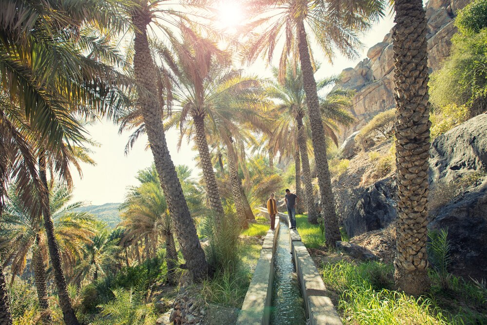 A couple seen walking and enjoying the falaj and chatting