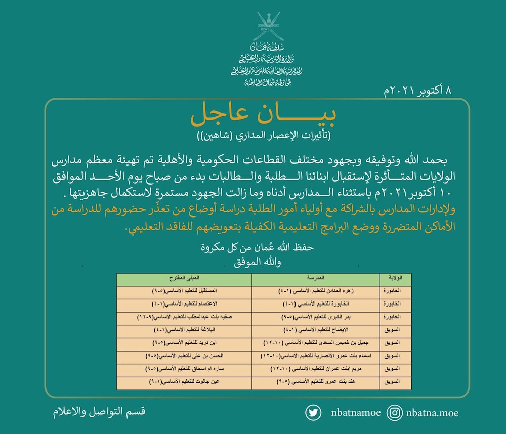 بيان حول الدراسة في شمال الباطنة