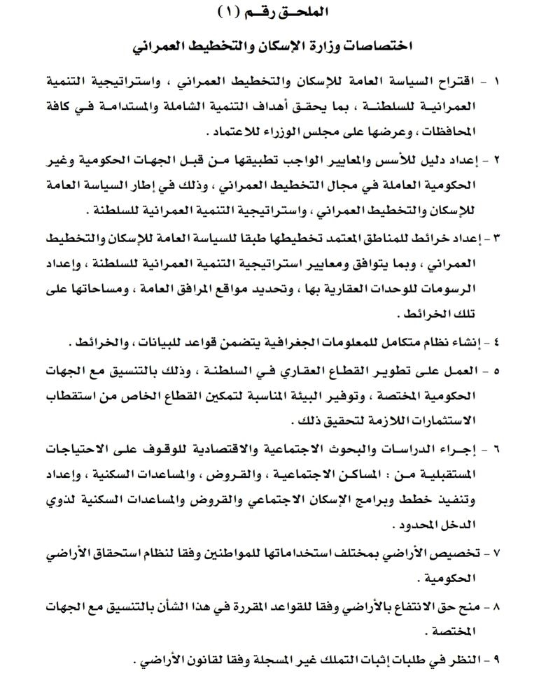 تفاصيل اختصاصات وزارة الإسكان والتخطيط العمراني وهيكلها التنظيمي