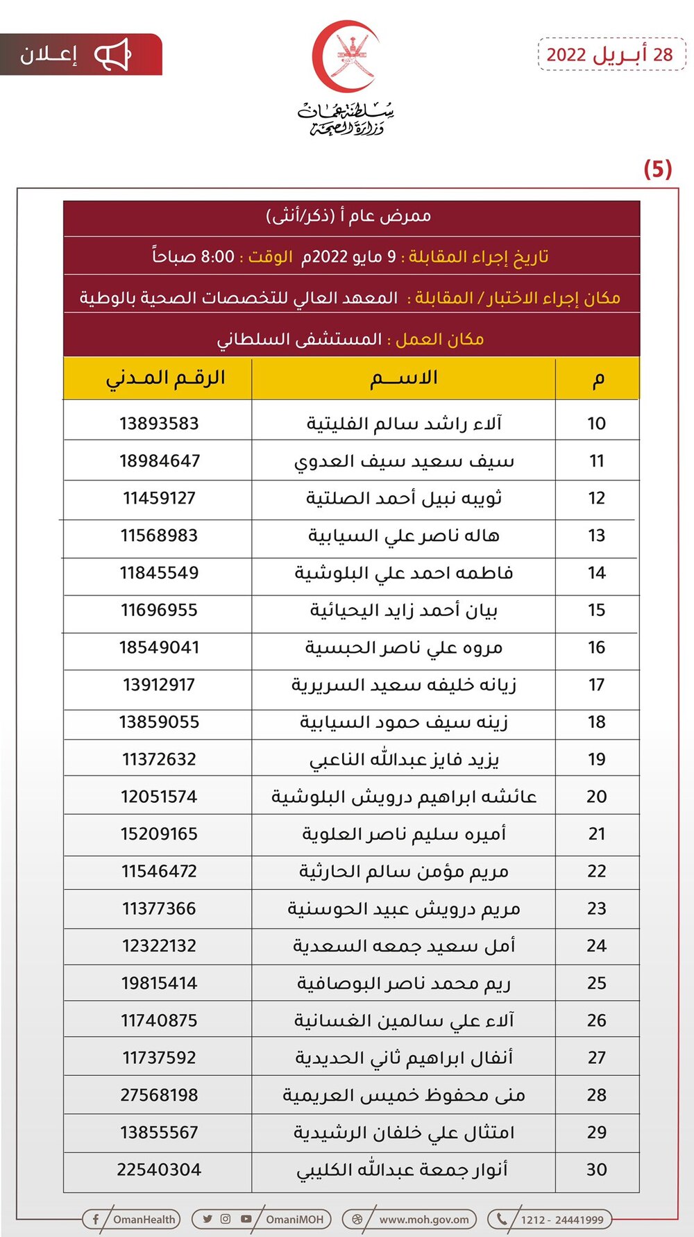 للمتقدمين لوظيفة ممرض: الصحة تنشر مواعيد مقابلاتكم
