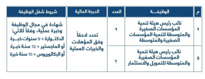 وظيفتان شاغرتان في هيئة تنمية المؤسسات الصغيرة والمتوسطة