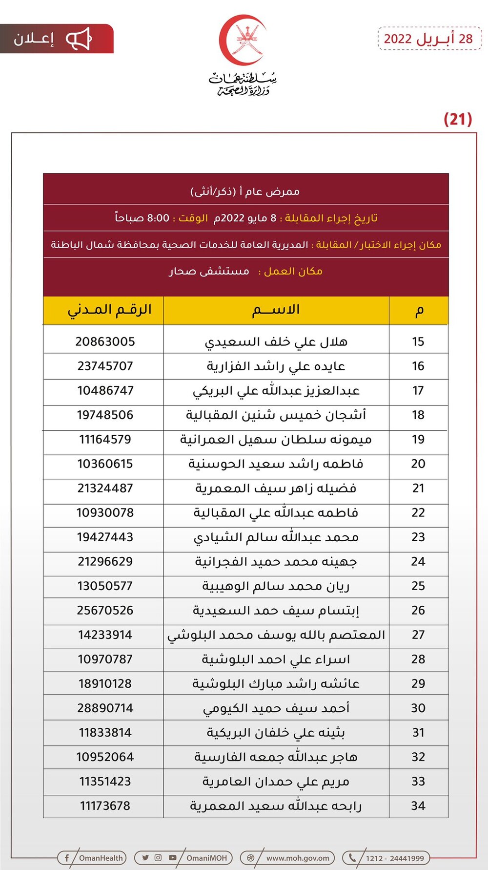للمتقدمين لوظيفة ممرض: الصحة تنشر مواعيد مقابلاتكم