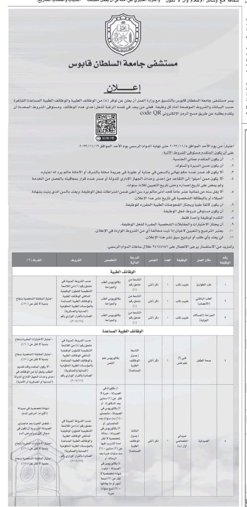 الإعلان عن وظائف في مستشفى جامعة السلطان قابوس