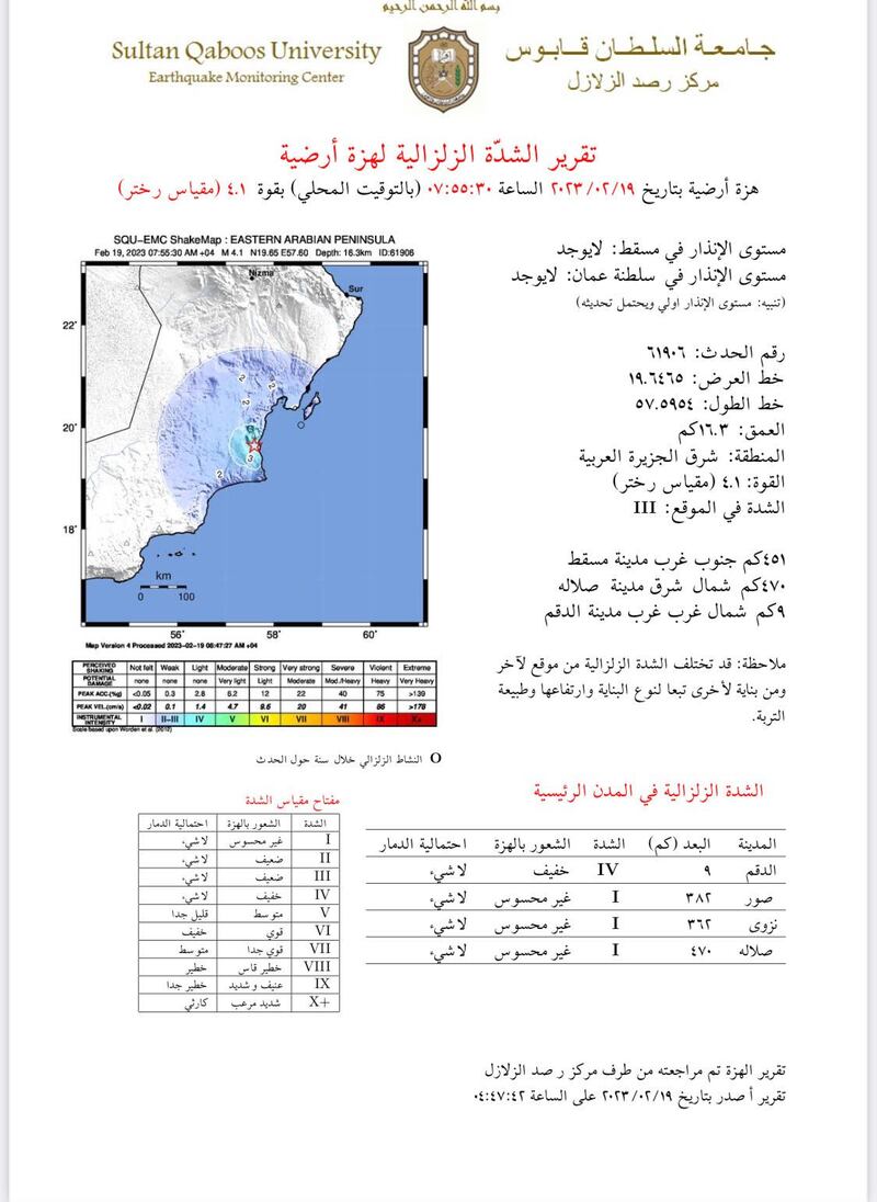 “رصد الزلازل” ينشر معلومات عن الهزة الأرضية في الدقم