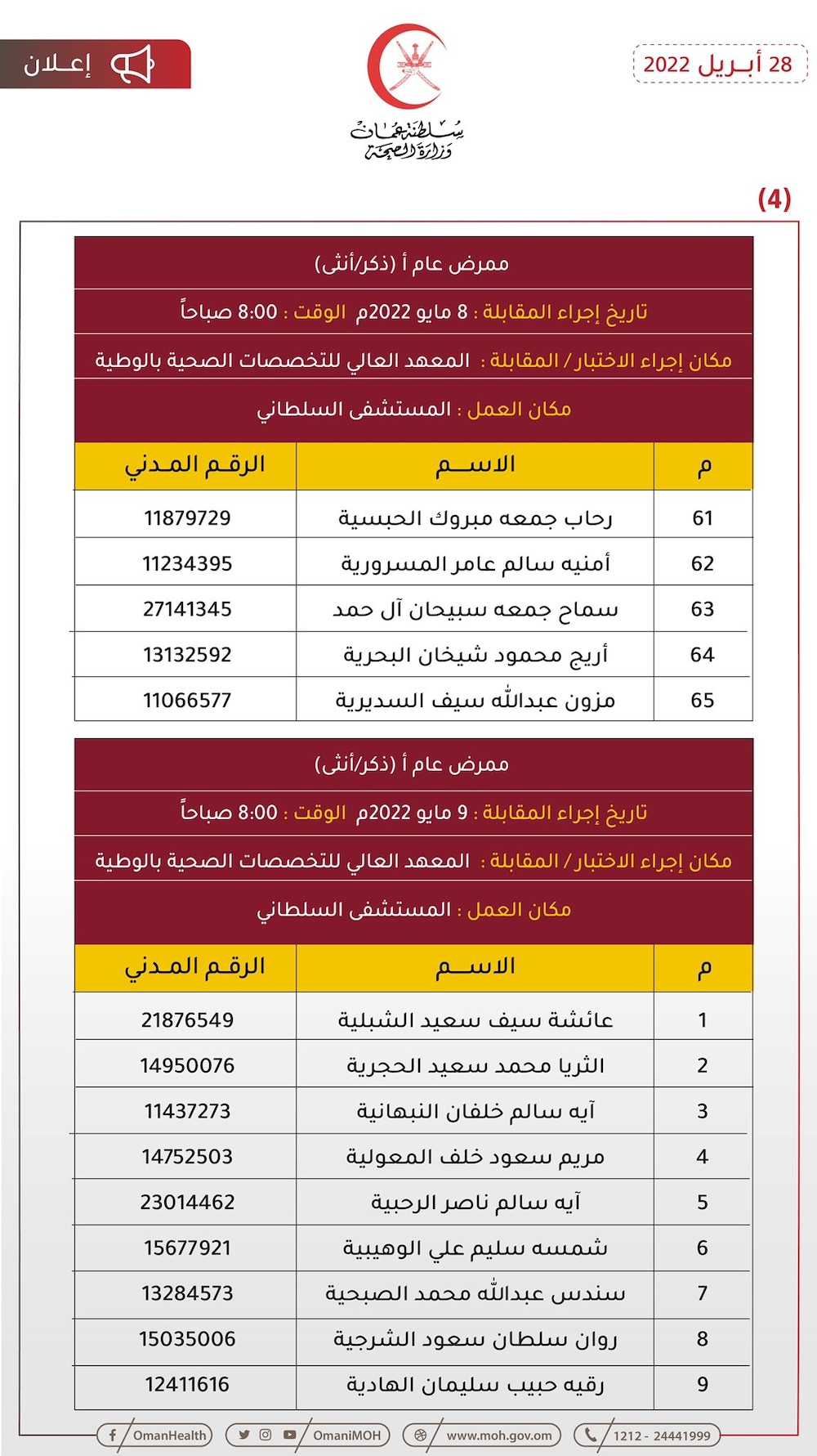 للمتقدمين لوظيفة ممرض: الصحة تنشر مواعيد مقابلاتكم