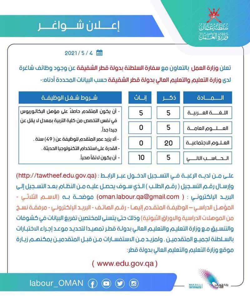 العمل تعلن عن وظائف في قطر