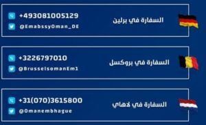 سفارات السلطنة في برلين وبروكسل ولاهاي تضع أرقامًا للتواصل معها